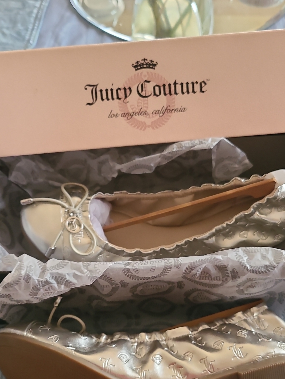 Juicy Couture Silver Logo Quilted Ballet Flats with Bow Charm